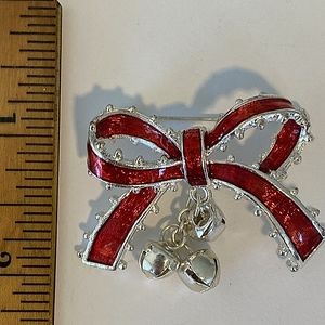 Vintage ! Rare Christmas Bow ,Red Sparkle enamel and Silver Brooch